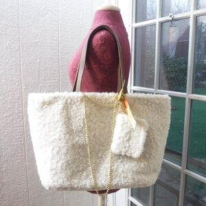 C&C California Ivory Fleece/Brown Faux Leather Reversible Cozy Tote Bag